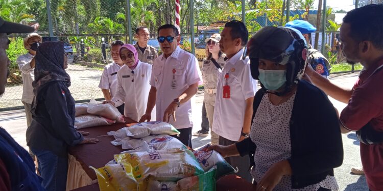Pj Bupati Barito Timur, Indra Gunawan, didampingi Kepala Dinas Ketahanan Pangan Provinsi Kalteng, Aster Bonawaty Mangkusari meninjau gelaran pasar murah, Rabu (12/6/2024).
