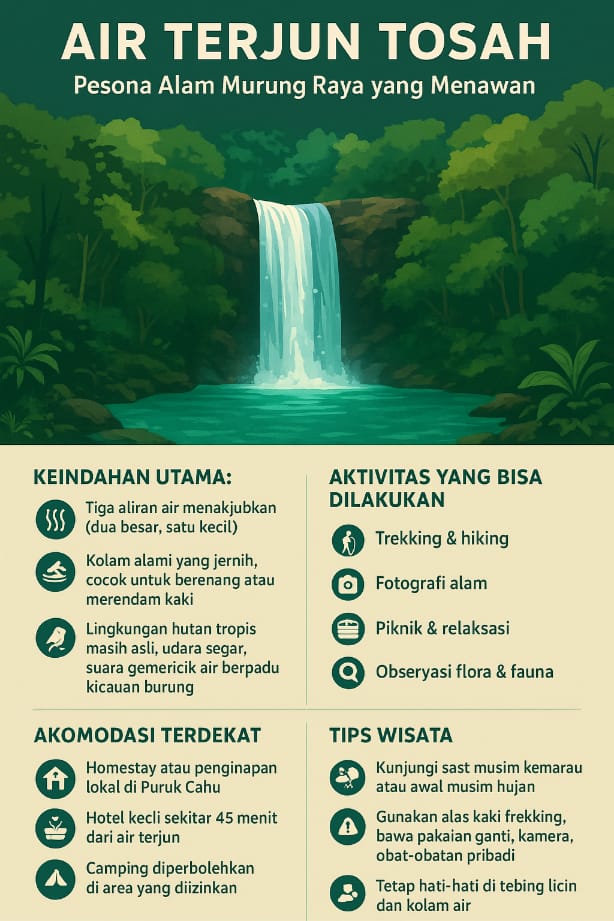 Infografis terkait panduan berkunjung ke Air Terjun Tosah.