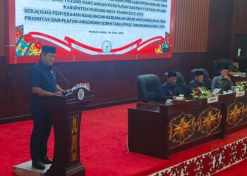 Ketua Panitia Kerja (Panja) DPRD Murung Raya, Bebie, saat menyampaikan hasil pembahasan RPJMD 2025–2029 dalam rapat paripurna ke-4 masa sidang II di ruang rapat DPRD Murung Raya, Kamis (25/7/2025).