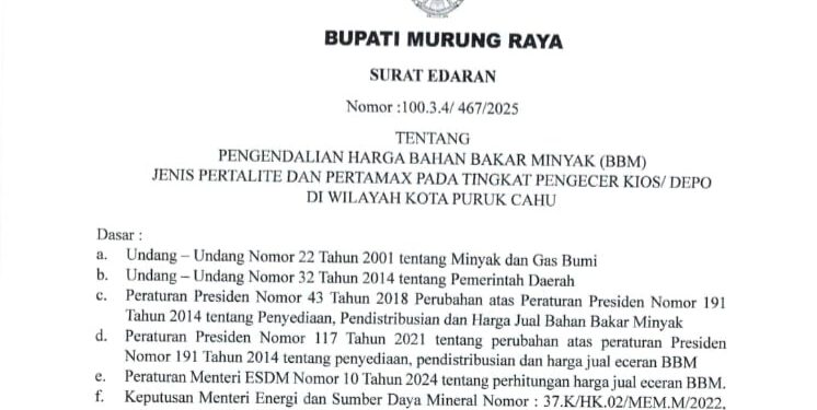 Tangkapan Layar Surat Edaran Bupati Murung Raya terkait pengendalian BBM.