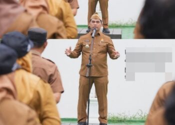 Bupati Barito Utara, Shalahuddin, ketika memimpin apel pagi di halaman Kantor Bupati Barito Utara, Selasa (13/1/2026).