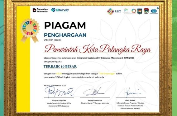 Kota Palangka Raya masuk 10 besar nasional I-SIM 2025 dan meraih predikat “The Encourager” sebagai daerah yang aktif mendorong pembangunan berkelanjutan dan pencapaian SDGs.