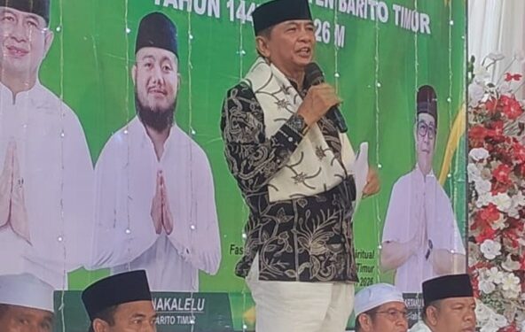 Bupati Bartim M. Yamin, menyampaikan sambutan dalam Safari Ramadan di Ampah Kota tepatnya di Masjid Jami Baiturrahman, Jumat (27/2/2026).