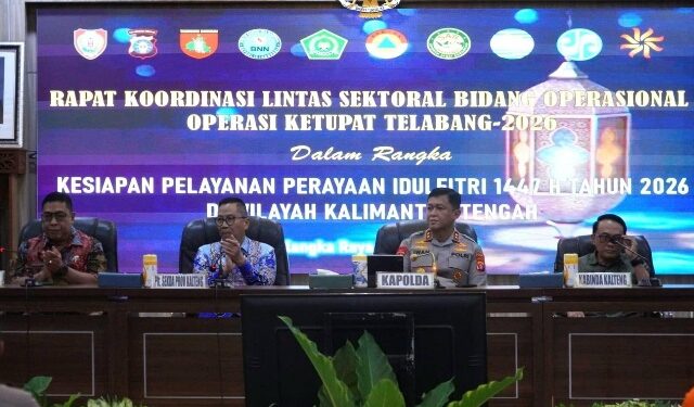 Rapat Koordinasi Lintas Sektoral Operasi Ketupat Telabang 2026 di Aula Arya Dharma Mapolda Kalteng, Palangka Raya, Kamis (5/3/2026).