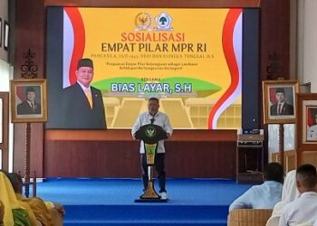 Anggota DPR RI, Bias Layar, saat menyampaikan sambutan dalam pelaksanaan 4 Pilar Kebangsaan, Senin (27/4/2026).