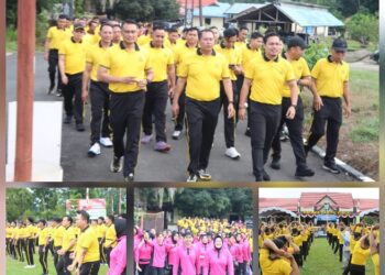 Kapolres Bartim AKBP Eddy Santoso, dan jajaran mengikuti Jalan Sehat dan Senam bersama, Sabtu (13/6/2026).