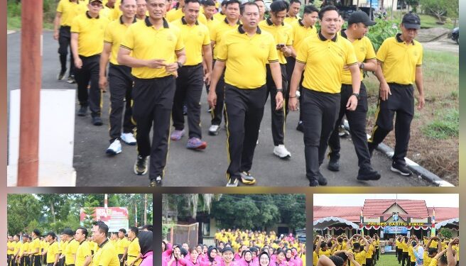 Kapolres Bartim AKBP Eddy Santoso, dan jajaran mengikuti Jalan Sehat dan Senam bersama, Sabtu (13/6/2026).