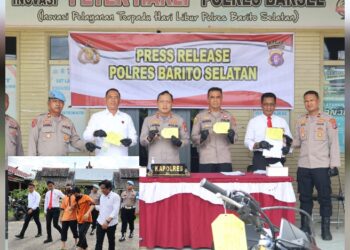 Kapolres Barsel AKBP Jecson R Hutapea, didampingi Pejabat utama Polres Barsel saat menggelar press release, Senin (29/6/2026). INZET: Dua tersangka saat digiring petugas.