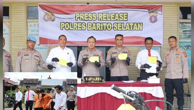 Kapolres Barsel AKBP Jecson R Hutapea, didampingi Pejabat utama Polres Barsel saat menggelar press release, Senin (29/6/2026). INZET: Dua tersangka saat digiring petugas.