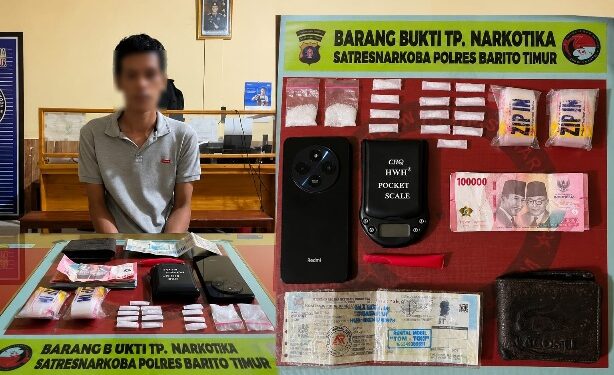 AJP (24), Warga Desa Bamban, Kecamatan Benua Lima, yang diamankan beserta barang bukti.
