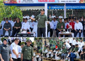 Bupati Barito Utara, H. Shalahuddin, dalam kegiatan restocking dan GPM di Desa Trinsing, Rabu (22/7/2026).