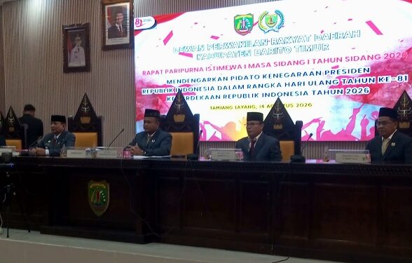 DPRD Barito Timur dalam Rapat Paripurna Istimewa mendengarkan Pidato Kenegaraan sambut HUT ke-81 RI, Jumat (14/8/2026).