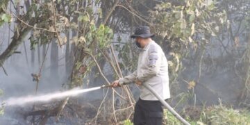 Kapolres Barito Timur AKBP Eddy Santoso, S.I.K., M.H., turun langsung berjibaku memadamkan kebakaran hutan dan lahan, Sabtu (22/8/2026).