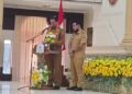 Bupati Barito Timur M. Yamin bersama Wakil Bupati Barito Timur Adi Mula Nakalelu, ketika menyampaikan sambutan di Musda VI Golkar Barito Timur, di GPU Mantawara Tamiang Layang, Senin (24/8/2026).