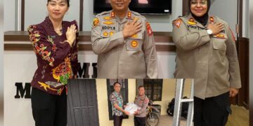 Kapolres Barito Timur AKBP Eddy Santoso, S.I.K., M.H. dan Camat Karusen Janang, Bewini, berpose bersama (atas). Dan pegawai menerima secara langsung peralatan pemadaman karhutla, Rabu (3/9/2026).