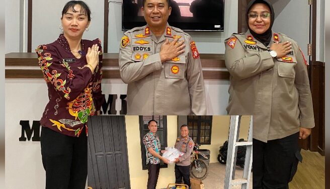 Kapolres Barito Timur AKBP Eddy Santoso, S.I.K., M.H. dan Camat Karusen Janang, Bewini, berpose bersama (atas). Dan pegawai menerima secara langsung peralatan pemadaman karhutla, Rabu (3/9/2026).