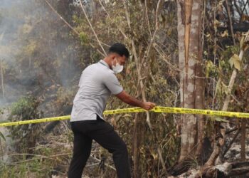 Kasat Reskrim Polres Gunung Mas, AKP Agung Gunawan Putra, S.T.K., S.I.K., M.H., CPHR., CBA., secara langsung memasang police line di lahan yang dibakar, Rabu (2/9/2026). (ist)