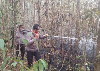 Kapolsek Dusun Timur, IPDA Sulkhan Sururi, memimpin pemadaman karhtla di Desa Telang, Kecamatan Paju Epat, Jumat (18/9/2026).