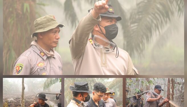 Kapolres Barito Timur AKBP Iqbal Sengaji bersama personel berjibaku padamkan api. (ist)